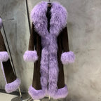Suede Coat Fur Collar Women Autumn Genuine Sheepskin Coat Long with Mongfolian Fur Trim - Matrix Studios