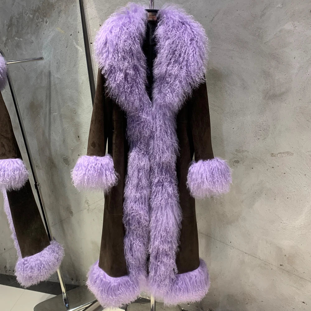 Suede Coat Fur Collar Women Autumn Genuine Sheepskin Coat Long with Mongfolian Fur Trim - Matrix Studios