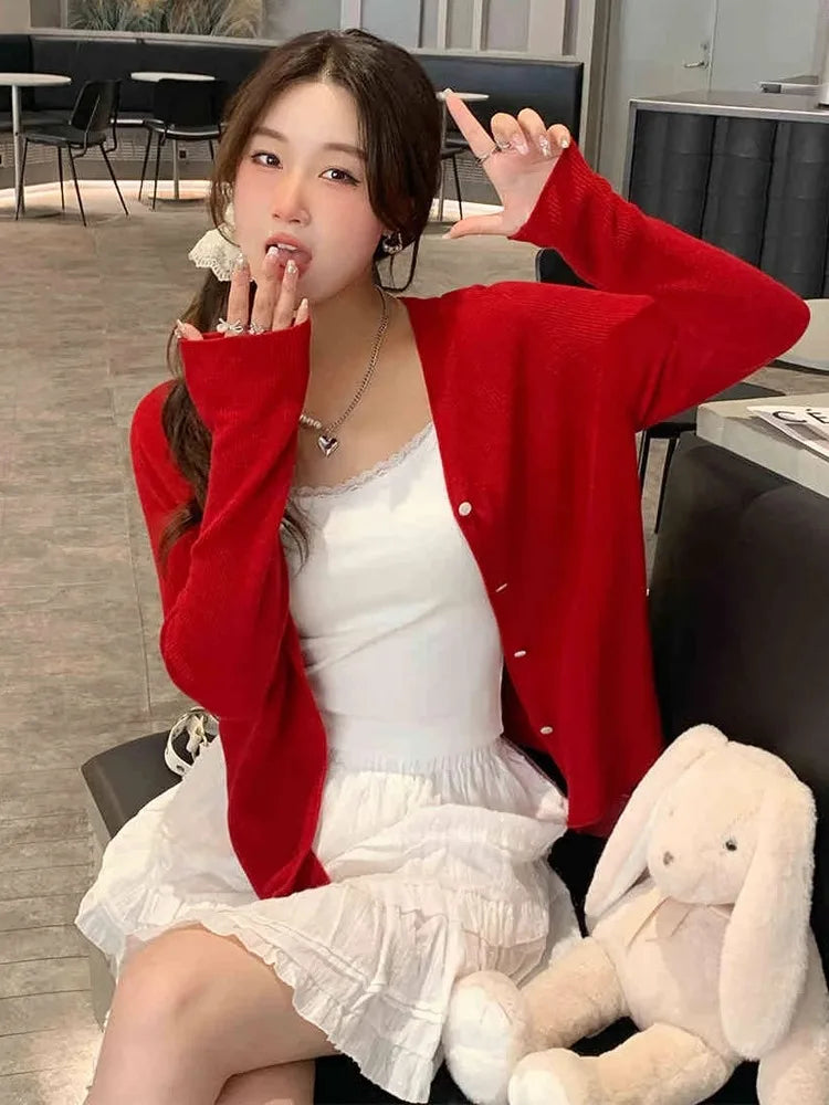 Knitted Sweater Women Cardigans White V-Neck Sueters De Mujer Knit Sweater Cardigan Women Tops New Long Sleeve Knitwears Q3546 - Matrix Studios