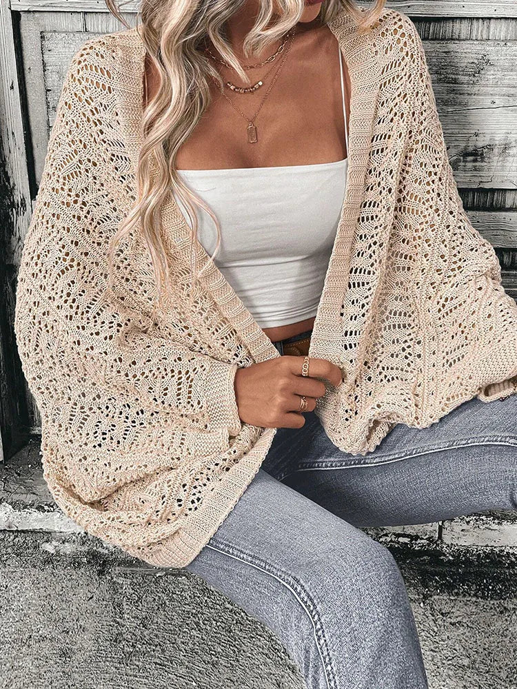 Polyester 100.00% Solid Color Camisole Knit Cardigan Elegant Front Open Bat Wing Sleeve Loose Cardigan for Women - Matrix Studios