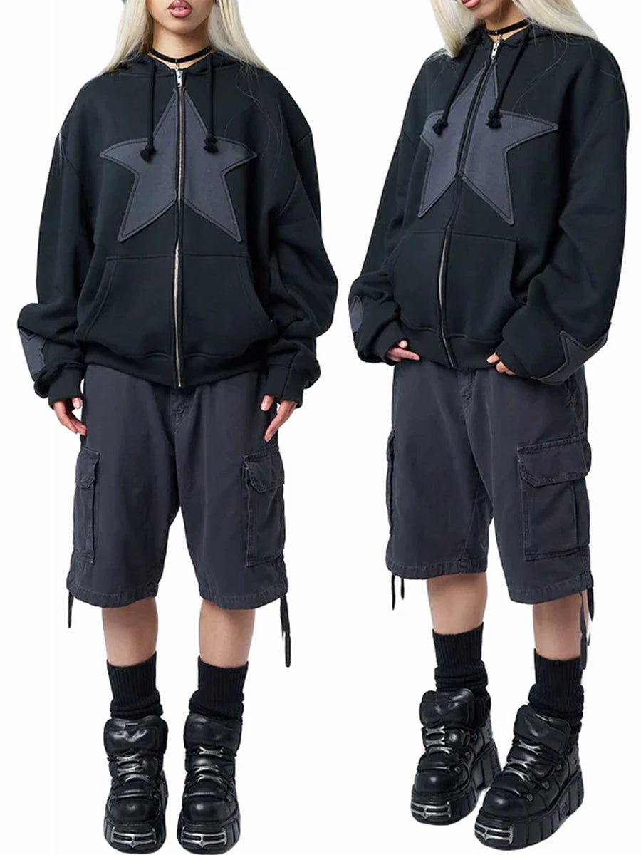 Y2K Vintage Star Print Hooded Hoodie for Women Casual Loose Long Sleeve Zip Up Drawstring Sweatshirts Autumn Spring Coat Street - Matrix Studios