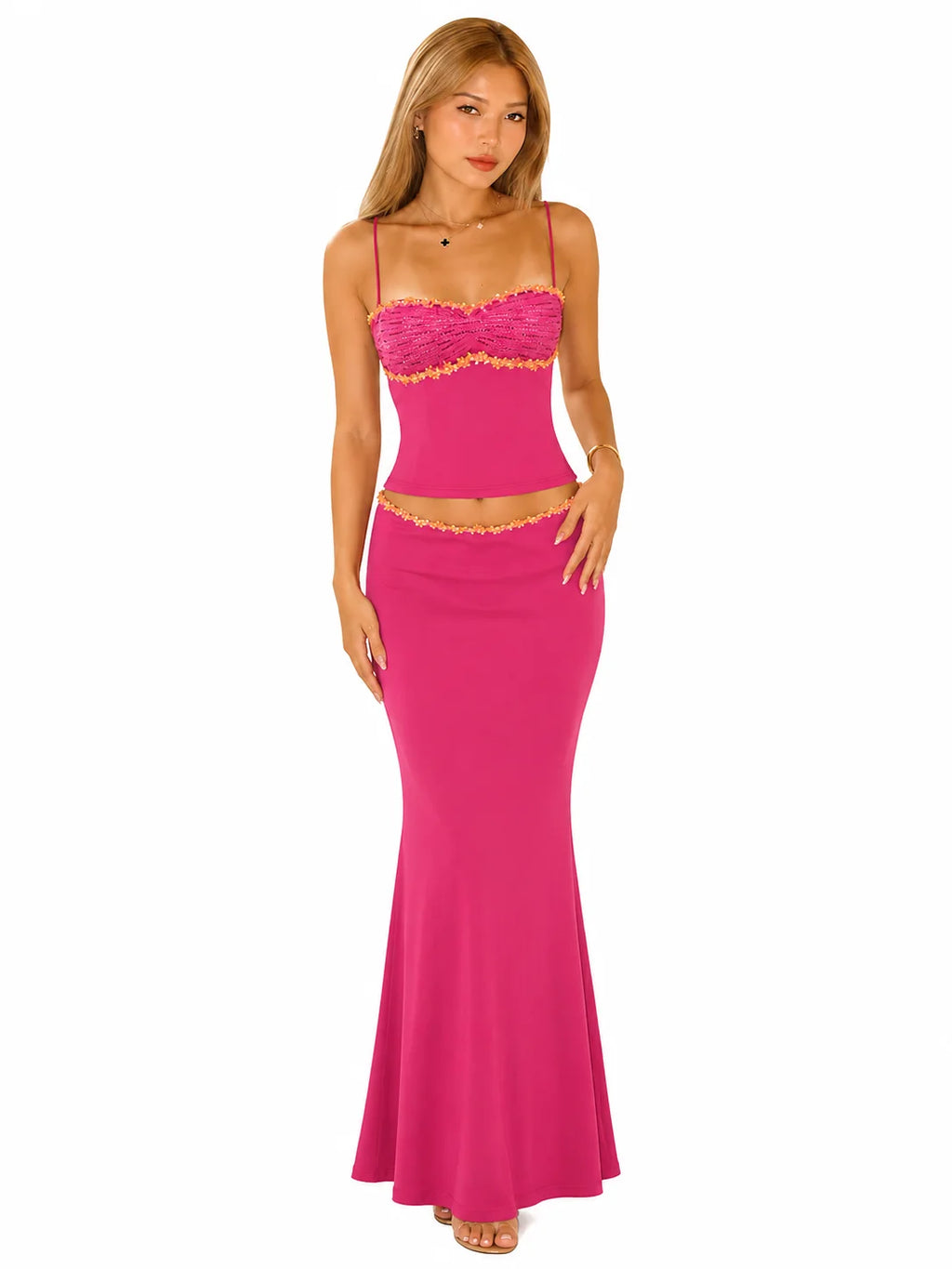 Women 2 Piece Outfit Spaghetti Strap Ruched Cami Top Floral Trim High Waist Mermaid Maxi Skirt Set Summer Beach Vacation Matching Outfits - Matrix-studios.com