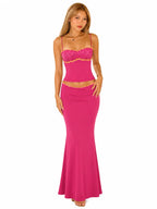 Women 2 Piece Outfit Spaghetti Strap Ruched Cami Top Floral Trim High Waist Mermaid Maxi Skirt Set Summer Beach Vacation Matching Outfits - Matrix-studios.com