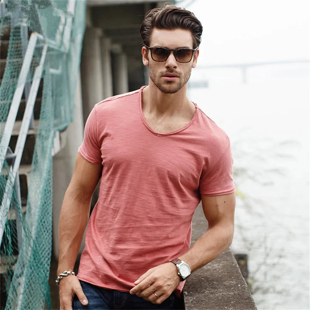 Brand Quality 100% Cotton Men T-shirt V-neck Fashion Design Slim Fit Soild Male Tops Tees Short Sleeve - Matrix Studios