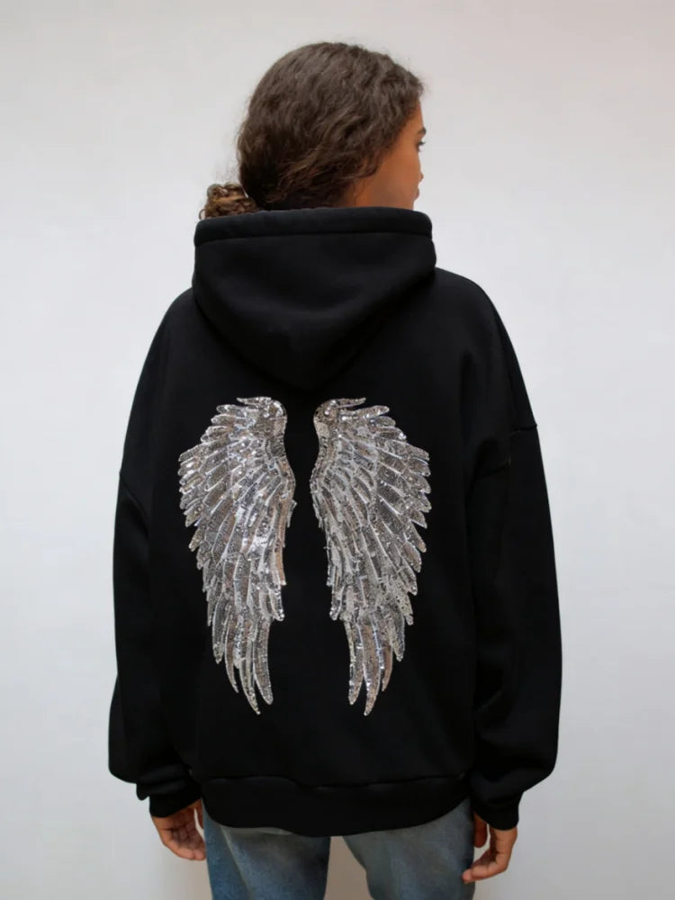 Sequin Angel's Wings Hoodies Women Chic Loose Long Sleeve Pullovers Top Slim Yoga Pant Set 2025 New Casual Lady Two Piece Sets - Matrix Studios