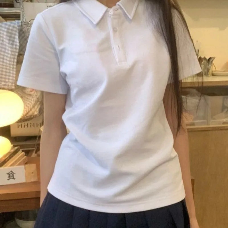 Summer Women's Polo Shirt Short Sleeve Skinny Slim Solid Japanese Preppy Style Uniform Tshirt White Basic Button Casual Top Tees - Matrix-studios.com