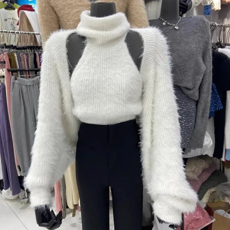 Mink Cashmere Tanks Tops Y2k Cardigan Feminino Vest Camis High Neck Knit V  Mohair White  Coat Sueter Sweater Mujer - Matrix Studios