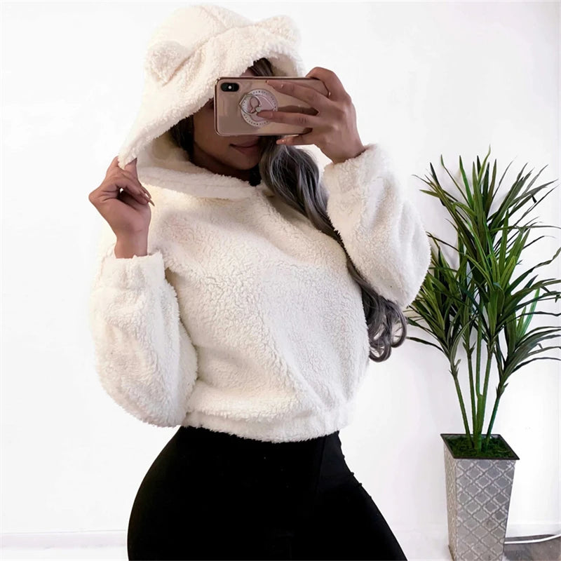 Winter Korean Fashion Bear Ears Cute Loose Hoodie Fluffy Hooded Warm Sweatshirt Long Sleeve Top Solid Pullover Clothes For Women - Matrix Studios