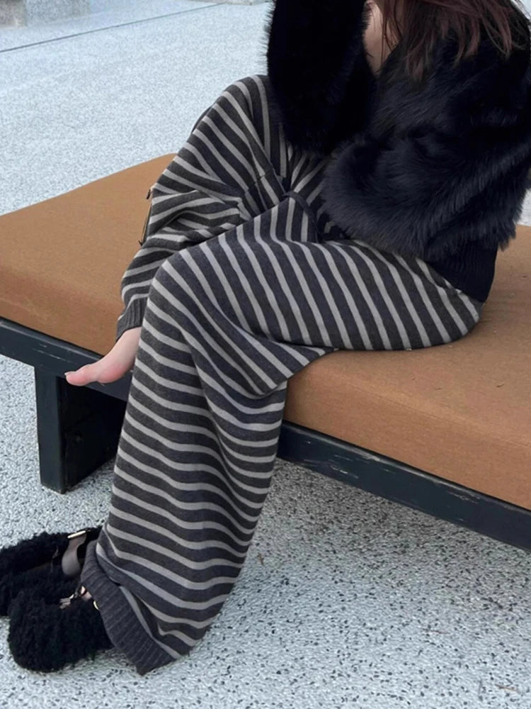 Harajuku Contrast Color Striped Women Wide Leg Pant Vintage Grunge Loose Knitted Pant Y2K American Casual Lady Straight Trousers - Matrix-studios.com