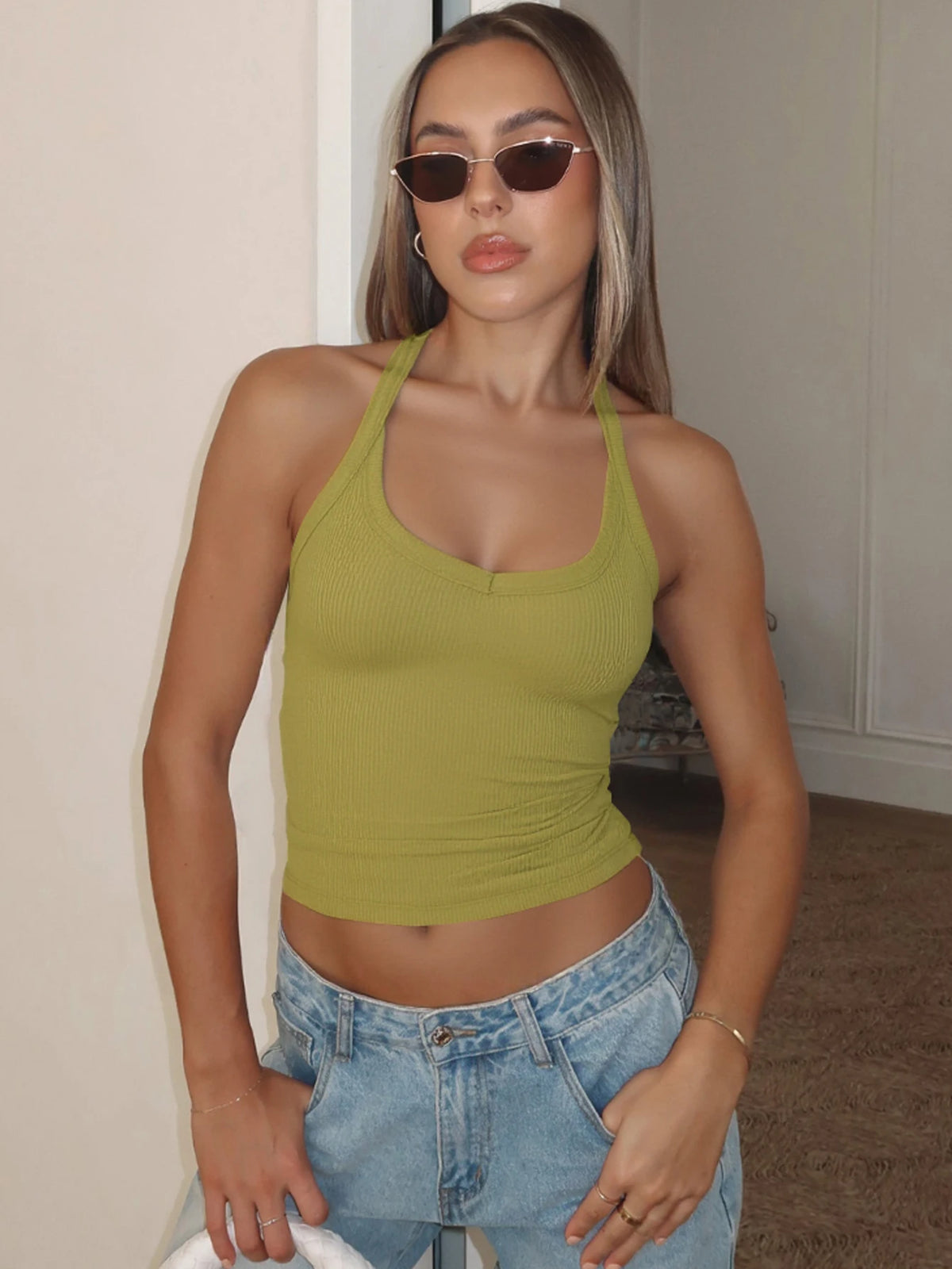 Hugcitar 2026 Summer Ribbed Halter Backless Solid Sexy Crop Tank Top Casual Y2K Women Clothes Beach Vacation Streetwear Yoga - Matrix-studios.com
