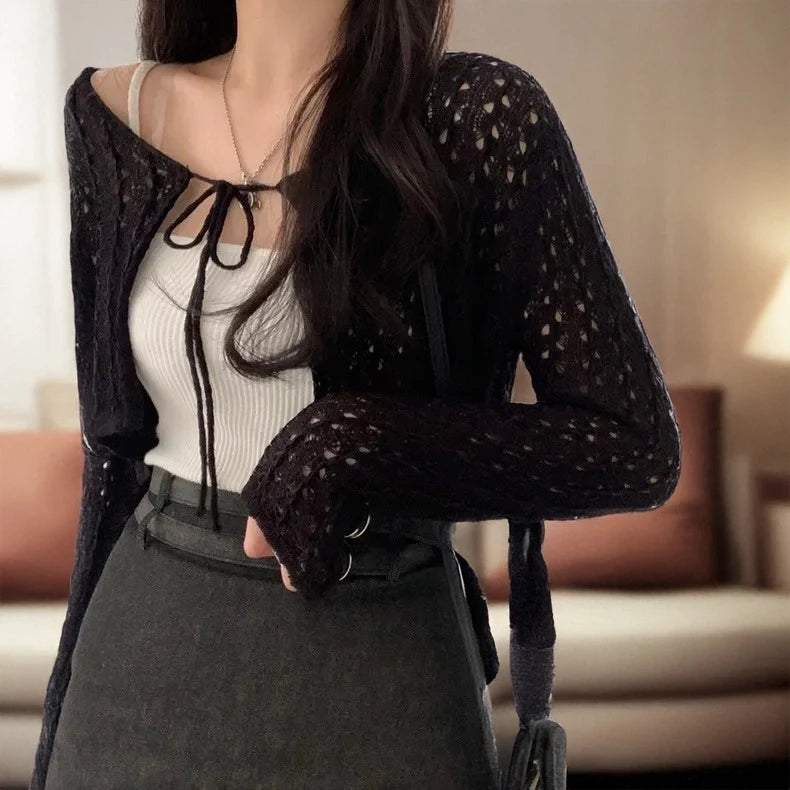Pointelle Tie Front Crop Cardigan Women Open-stitch Knit Top Crochet Bolero Cover-up Spring Summer 2026 Y2K Grunge - Matrix Studios