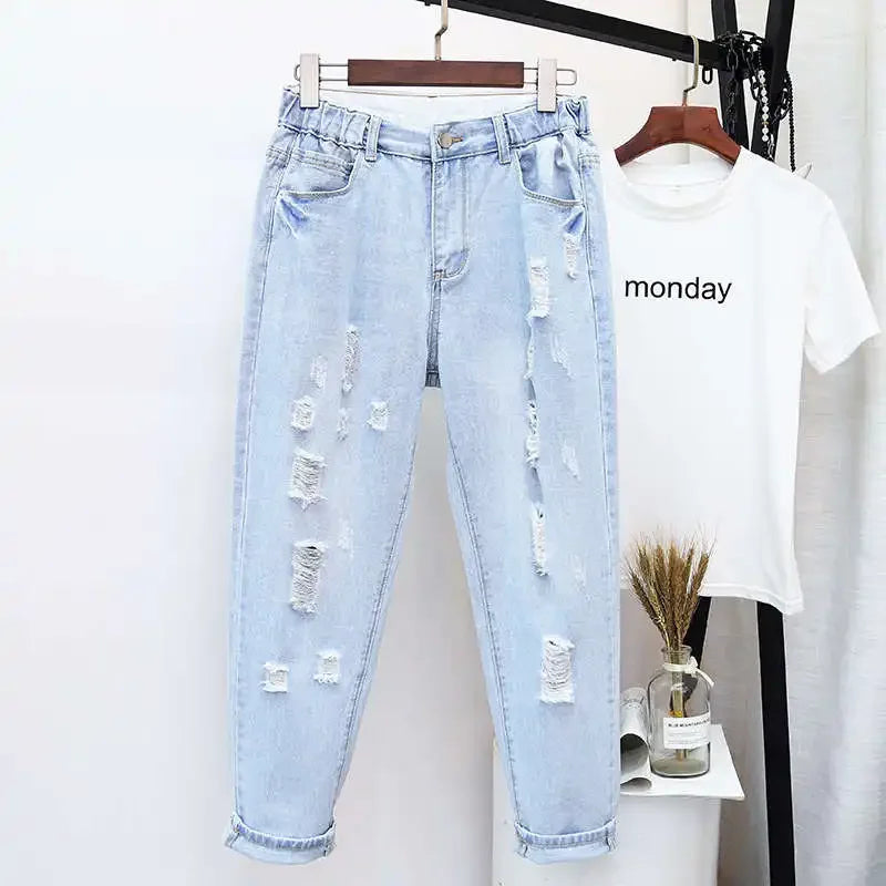 4XL 5XL Plus Size Jeans Woman High Waist Denim Trousers Loose Hole Ripped Jeans For Women Washed Summer Autumn Jean Femme C7419 - Matrix-studios.com