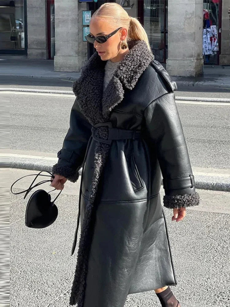 Women's Black Fur Patchwork Leather Overcoat Fashion Laple Long Sleeve With Belt Loose Coat 2025 New Winter Office Commute Wear - Matrix Studios
