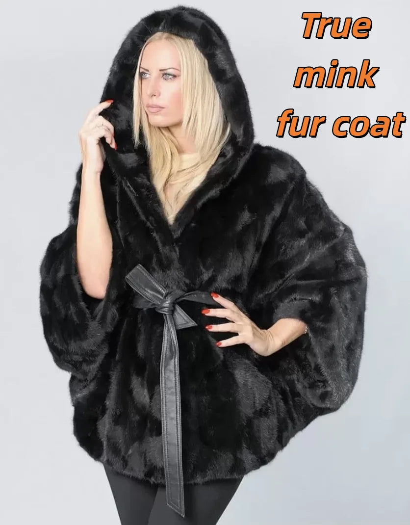 2026 Women's New Mink Fur Bat Top, Hooded Shawl Jacket, Real Mink Fur Leather Jacket - Matrix Studios