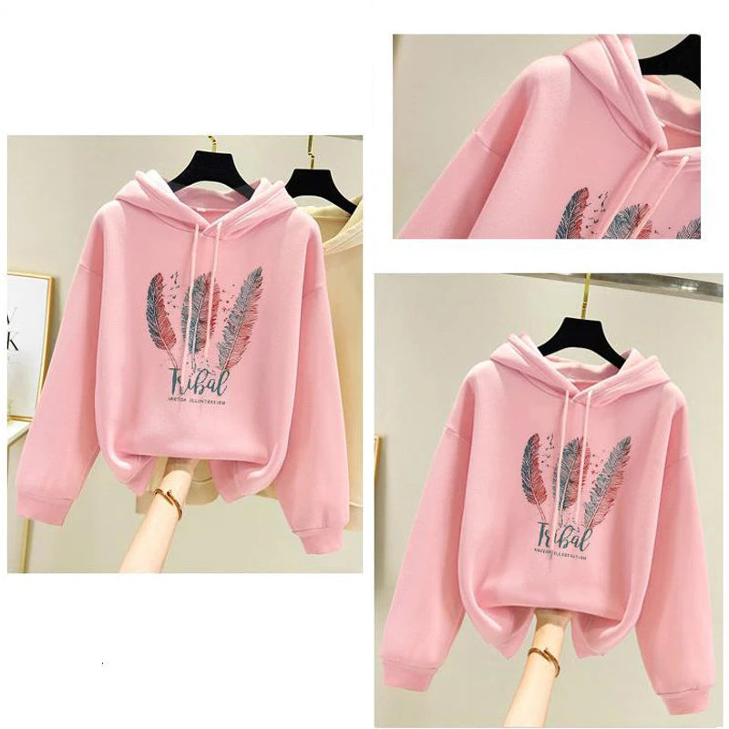 Women Fashion Feather Printed Hoodies Autumn Winter Plus Velvet Casual Loose Sweatshirt - Matrix-studios.com