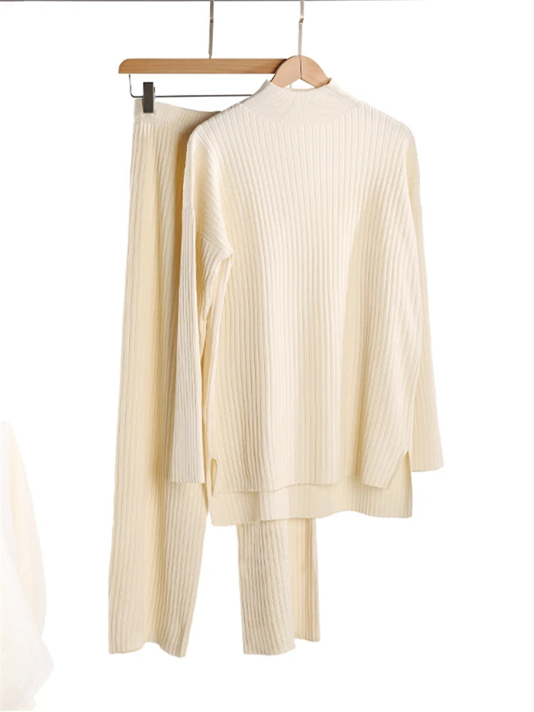 Autumn Winter 2 Pieces Women Sets Knitted Tracksuit Turtleneck Sweater and Straight Jogging Pants Suits - Matrix-studios.com