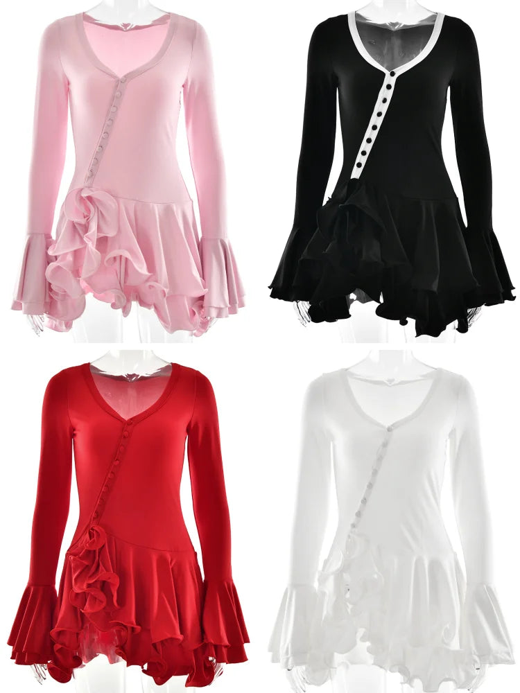 Absobe Women's A-Line Bodycon Mini Dress Ruffle Hem V-Neck Asymmetrical Buttons Long Sleeve Short Dress Party Streetwear Outfits - Matrix-studios.com