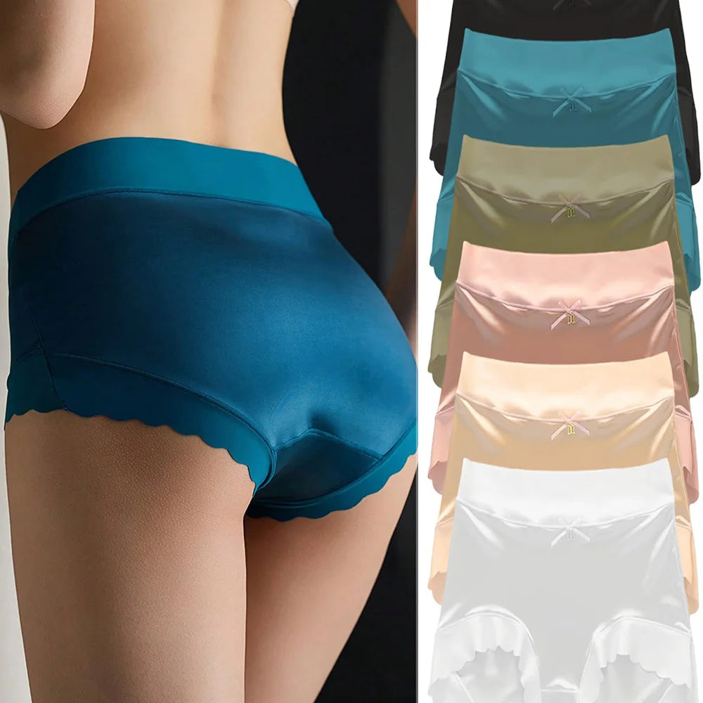 6pcs Women's Seamless Luxury Satin Briefs Mid-Waist Ruffle Mulberry Silk Butt-Lifting Panties Skin-Friendly Crotch, Sexy, Stretchy UnderWear for Women Plus Size - Matrix Studios