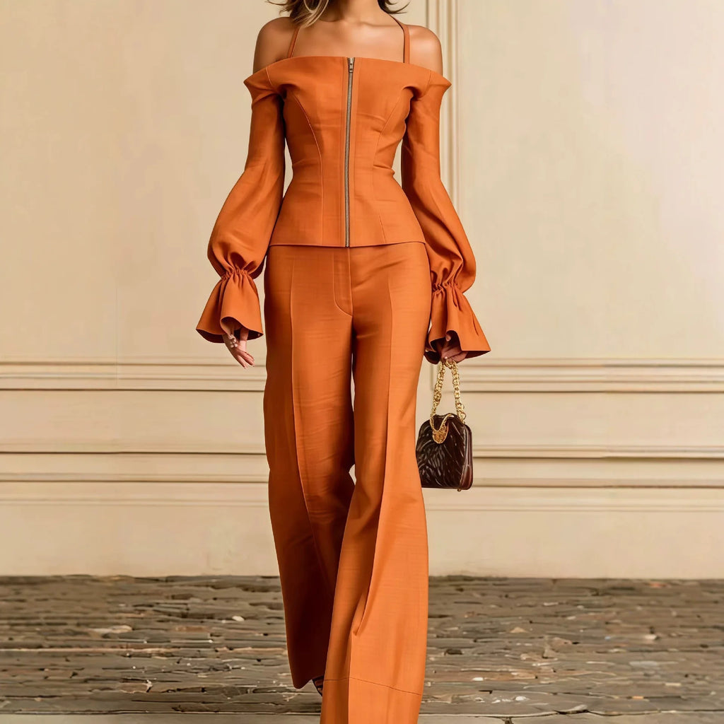 2 Piece Pants Set Women Solid Spaghetti Strap Lantern Sleeve Zip Slim Top Wide Leg Trousers Outfits Elegant Formal Office Suit - Matrix-studios.com