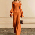 2 Piece Pants Set Women Solid Spaghetti Strap Lantern Sleeve Zip Slim Top Wide Leg Trousers Outfits Elegant Formal Office Suit - Matrix-studios.com