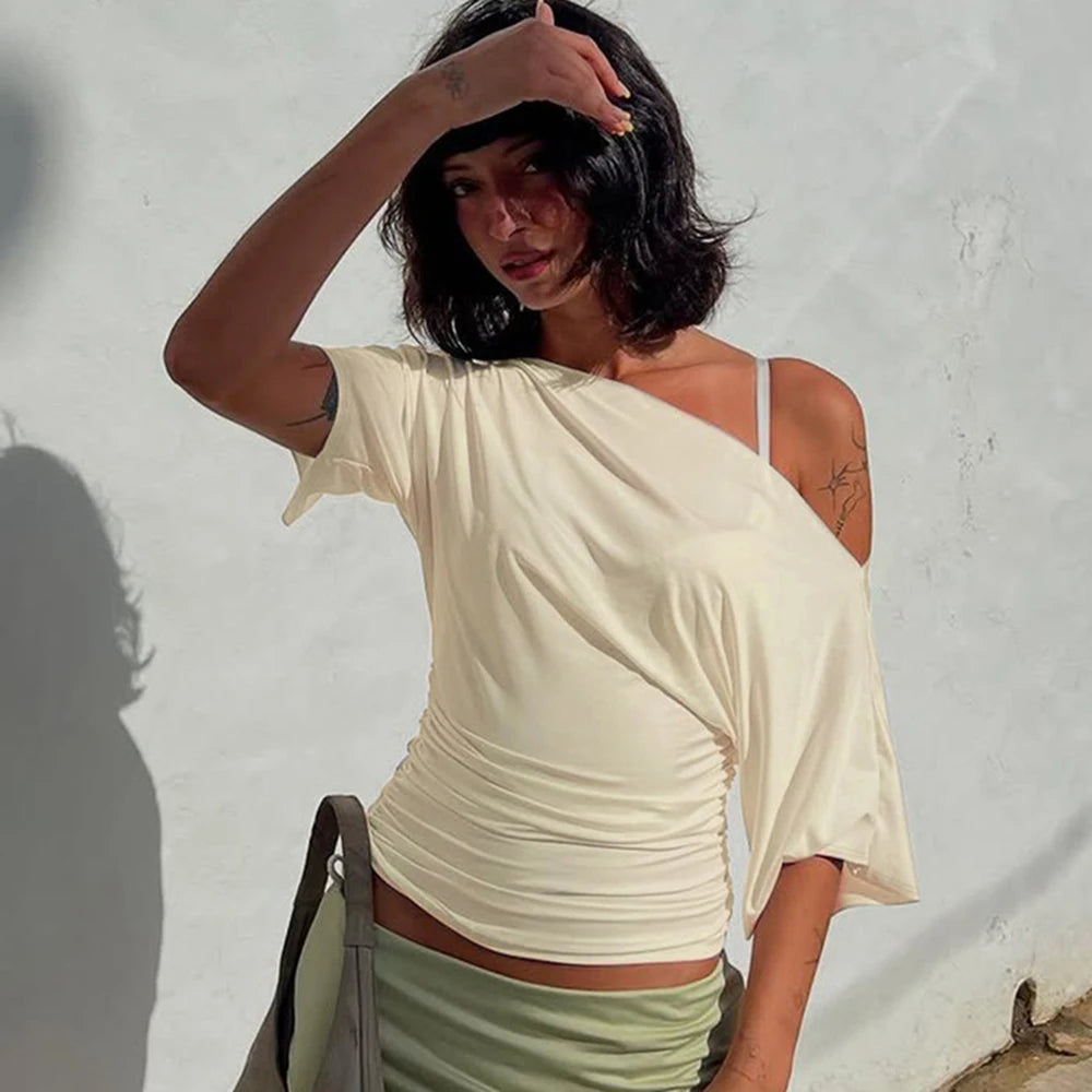 Talenza Summer One Shoulder Tops Fashion Slim Shrink Short Sleeve T-Shirts Sexy Party Y2k Streetwear Solid Pullover Tops Women - Matrix-studios.com