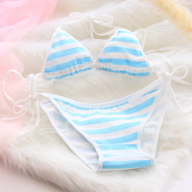 Lace-up Strap Blue and White Striped Set, Blue and White Fat Inner Two-piece Set Womens Lingerie Set  Bra Set  Sexy - Matrix-studios.com