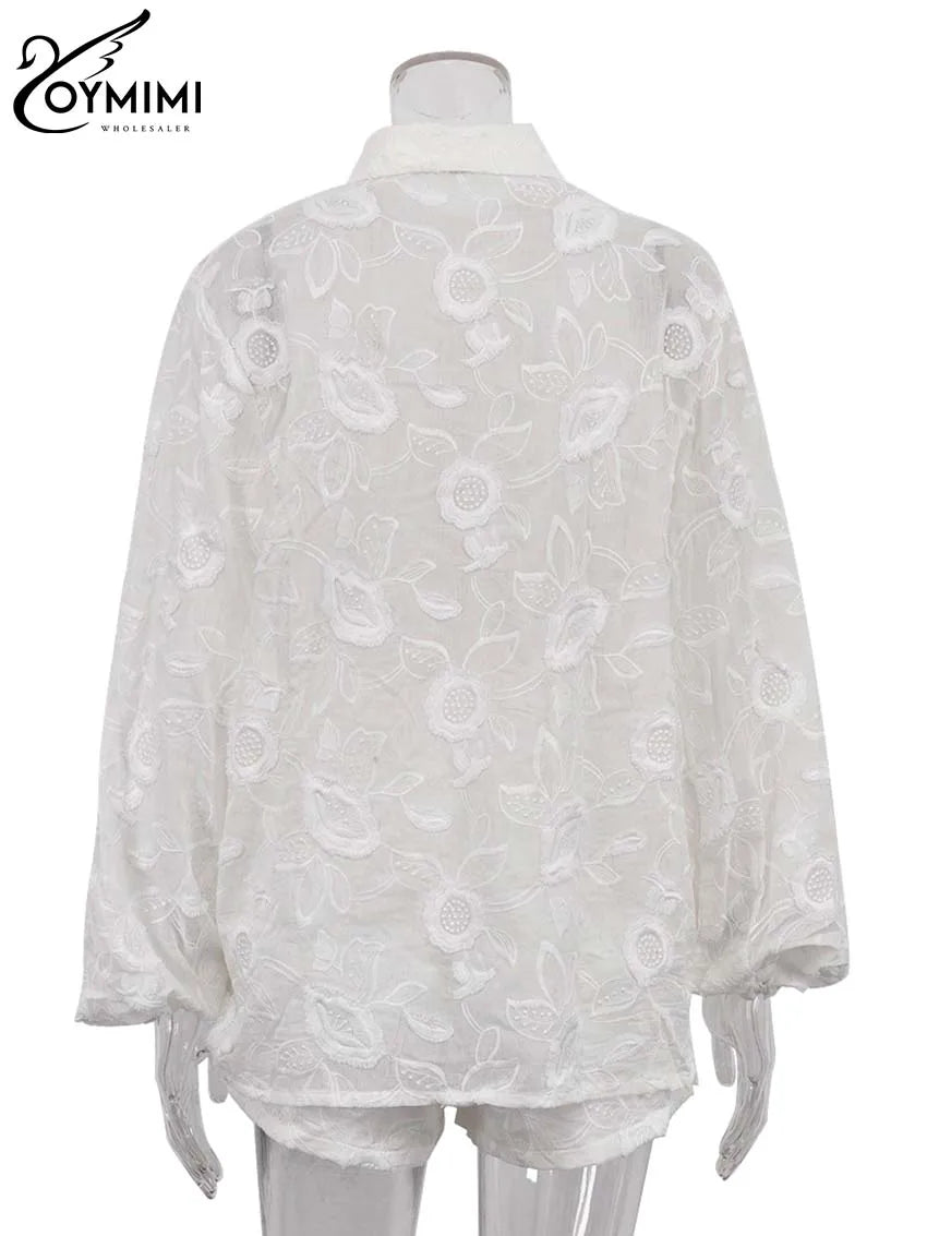 Oymimi Summer White Cotton 2 Piece Sets Women Outfit Casual Jacquard Button Wrist Sleeve Shirts And High Waist Shorts Female Set - Matrix-studios.com