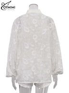 Oymimi Summer White Cotton 2 Piece Sets Women Outfit Casual Jacquard Button Wrist Sleeve Shirts And High Waist Shorts Female Set - Matrix-studios.com
