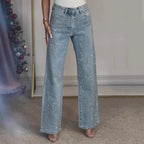 Straight Jeans for Women Diamonds Pants Stretch High Waist Washed Distressed Pockets Vintage Denims Streetwear Female Trousers - Matrix-studios.com