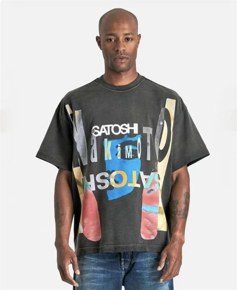 New SATOSHI Vintage Washed Inverted Letter Print Casual Loose Round Neck Short Sleeved Street Cotton Versatile Oversize T-shirt - Matrix-studios.com