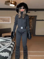 Fur-Trimmed Hooded Belted One-Piece Ski Suit Slim Windproof Water-Resistant Cuff 2025 Winter Fashion Women Fashion Snow Bodysuit - Matrix Studios