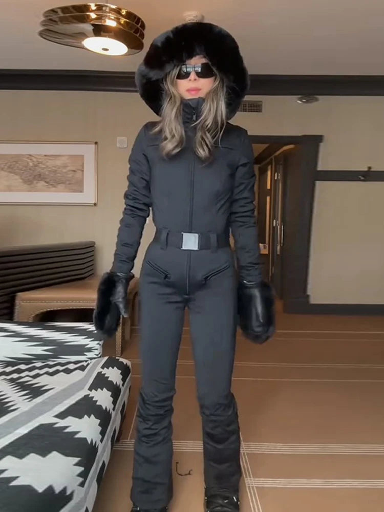 Fur-Trimmed Hooded Belted One-Piece Ski Suit Slim Windproof Water-Resistant Cuff 2025 Winter Fashion Women Fashion Snow Bodysuit - Matrix Studios