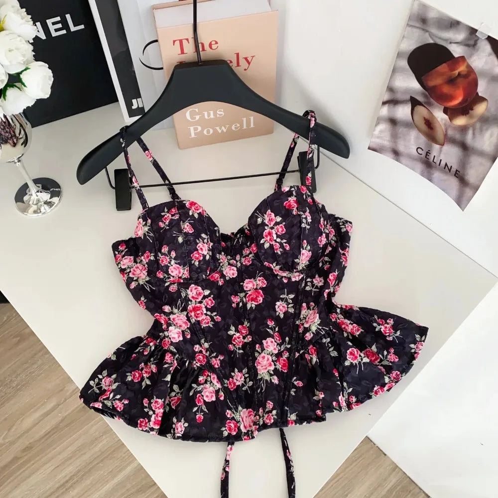 Sexy Slim  Corset ruffle print Chic Korean Camis Tank Top Basic Fashion Off Shoulder Summer Women Clothing - Matrix-studios.com