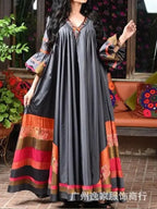 Vintage Printed Dress Women Breathable Loose Middle Eastern Robe Casual Long Sleeve Abaya V-neck Loose Muslim Abayas for Women - Matrix-studios.com