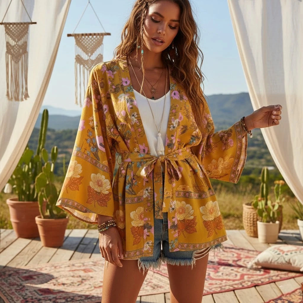 Happie Queens Women Floral Print Sashes Bat Sleeve Beach Bohemian Kimono Dresses Ladies V Neck  Summer Bikini Boho Cover-ups - Matrix Studios