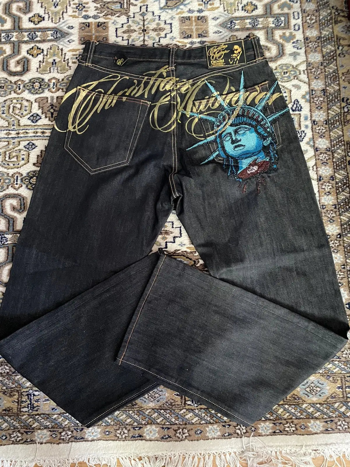 2000s Vintage Statue of liberty Diamonds Jeans Casual Denim Pants High Waist Straight Wide Leg Jeans Harajuku Y2k Women Clothing - Matrix-studios.com