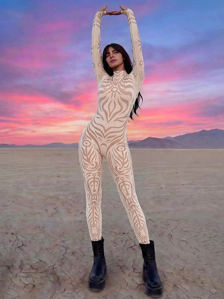 Weird Puss Sexy Striped Print Jumpsuits Women Wild Style Turtleneck Full Sleeve Midnight Party Club Stretch Streetwear Overalls - Matrix Studios