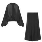 ETJ Women's Polka Dot Blouse Skirt Set 2026 Spring High Neck Batwing Sleeve Sheer Front Tie Bow Midi A-Line Dress Set - Matrix-studios.com