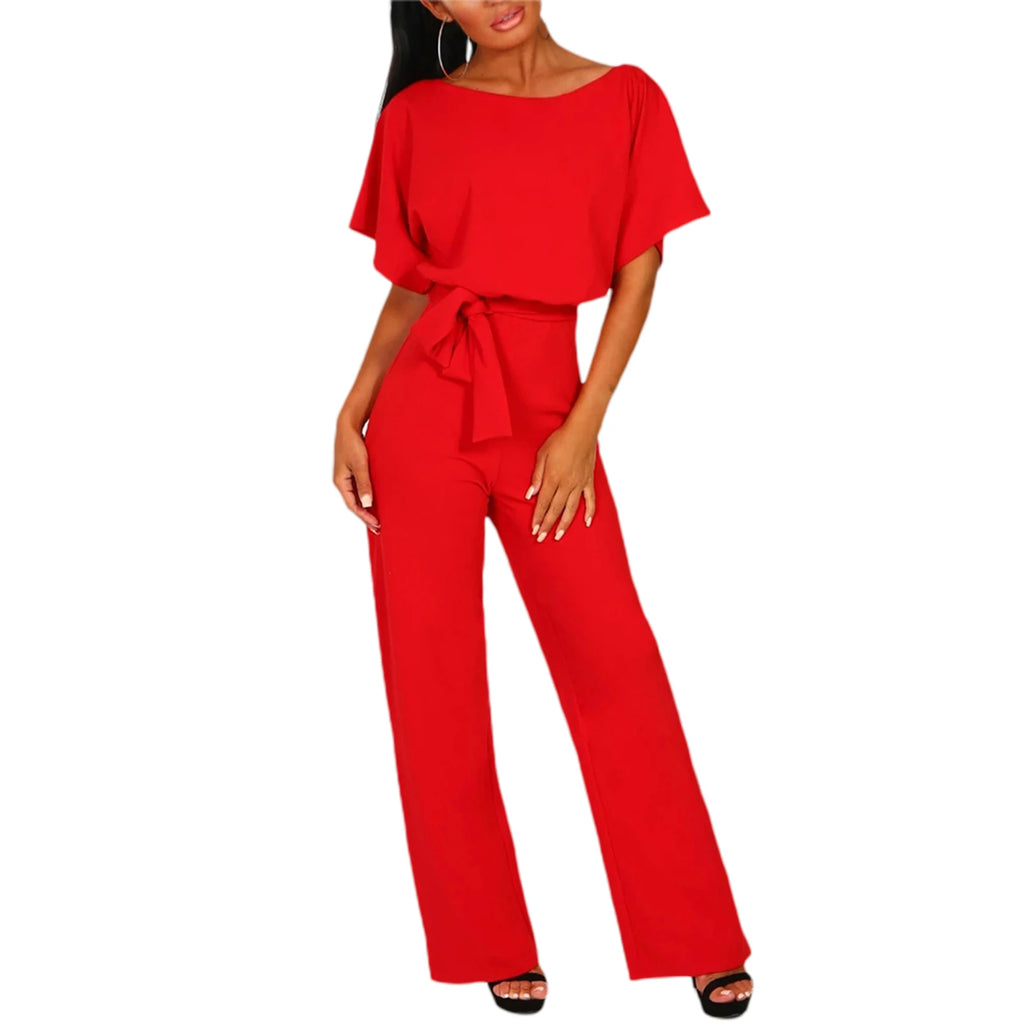 Women Jumpsuits Elegant Solid Color Flare Short Sleeve Waist Tie Wide Leg Pants Romper Summer Streetwear - Matrix Studios