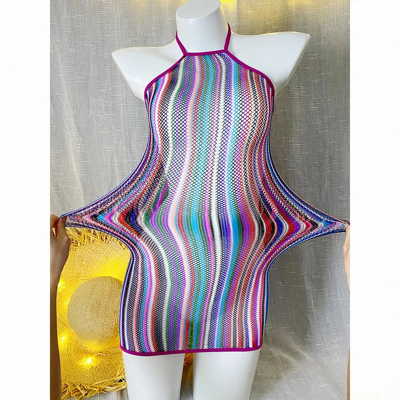 Women Rainbow Striped Cover Up Fishnet Bodycon Dress Halter Elastic Hollow Out Swimsuit Festival Beach Vacation - Matrix Studios