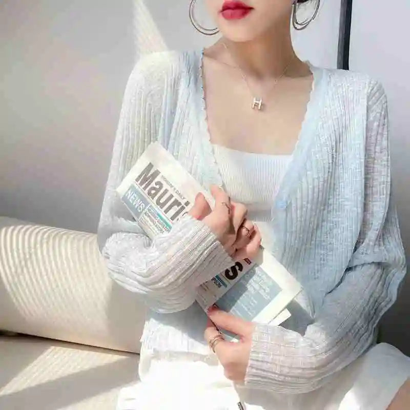 AOSSVIAO 2026 Spring Summer Ice Silk Knitted Thin Women's Cardigan French Style Sun Protection Shawl Sweater Coat Knit Crop Tops - Matrix Studios