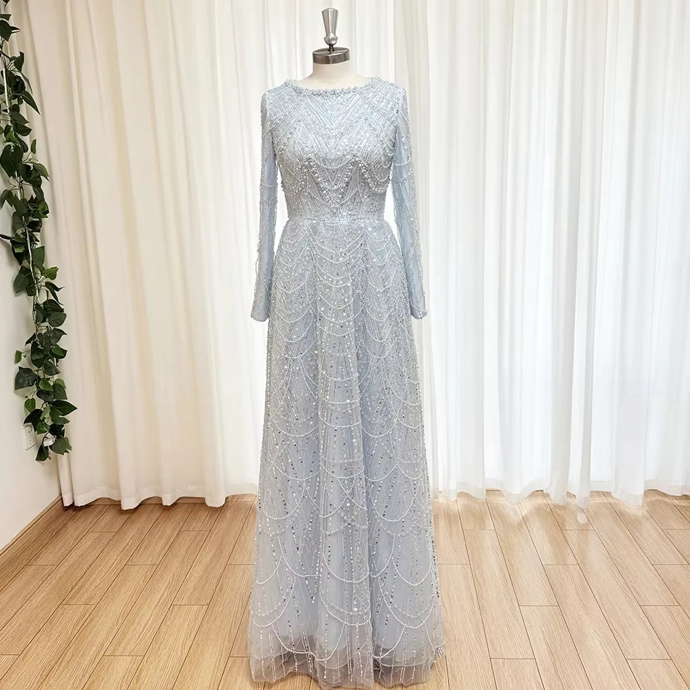 Mina Customized Beads Luxurious Women's Evening Dresses for Formal Occasions Sequins. Long Sleeves Round Neck Luxury Party Dress - Matrix-studios.com