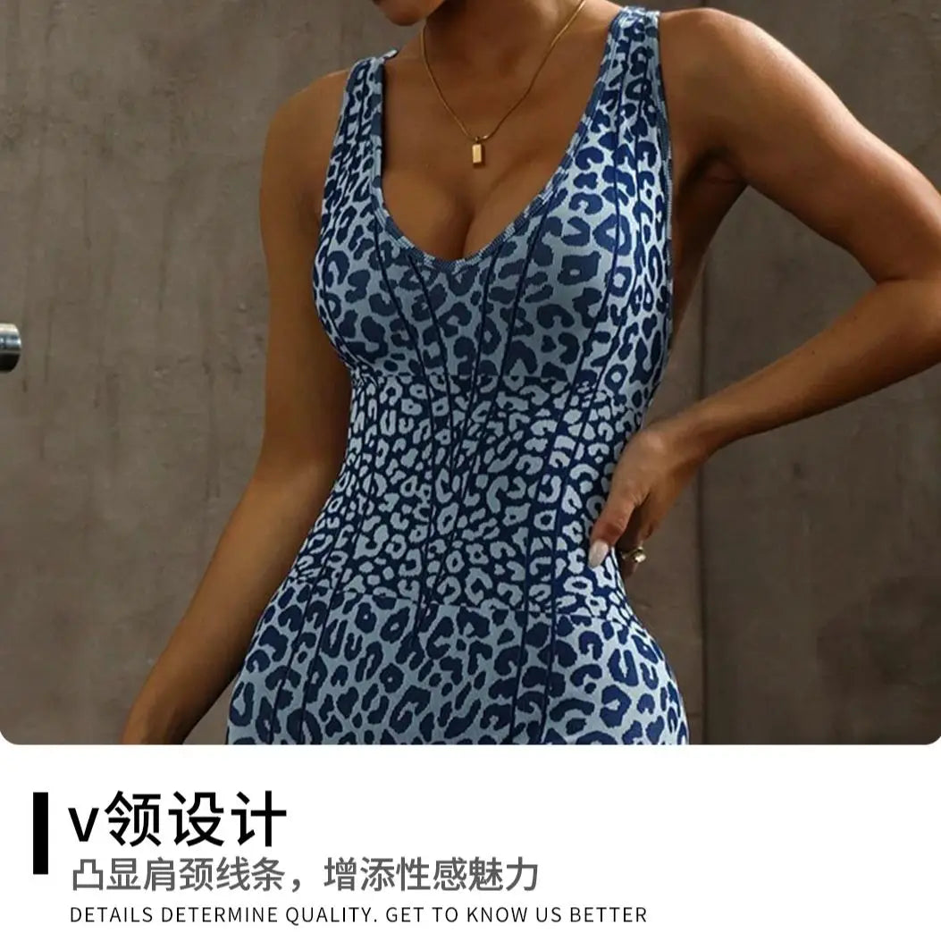 ZHEJIN Leopard Jumpsuit Women Backless Criss Cross Seamless Yoga Romper Scrunch Butt Lifting Workout Bodysuit Gym Fitness Wear - Matrix Studios