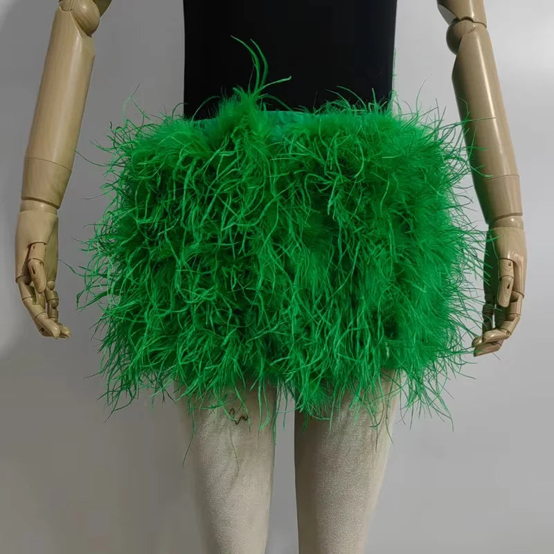 Real feather mini skirt, elastic waist sexy clothing, club, party dance party carnival short skirt can be customized in size - Matrix Studios