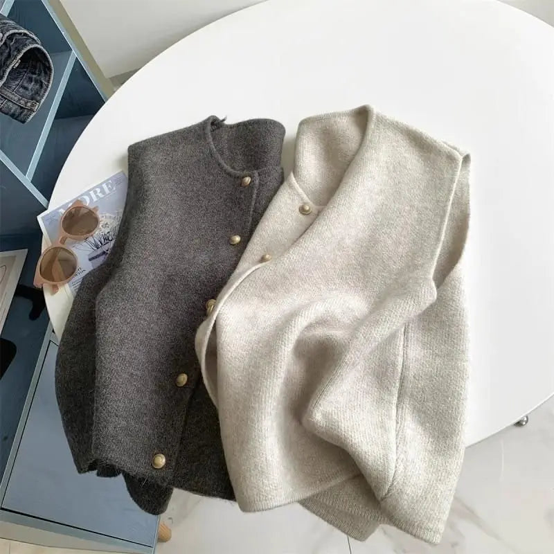 Crew Neck Women's Korean Solid Button Short Sleeve Cardigan Coats Sweater Knitted Sleeveless Ladies Elegant Tanks Bottoming - Matrix Studios