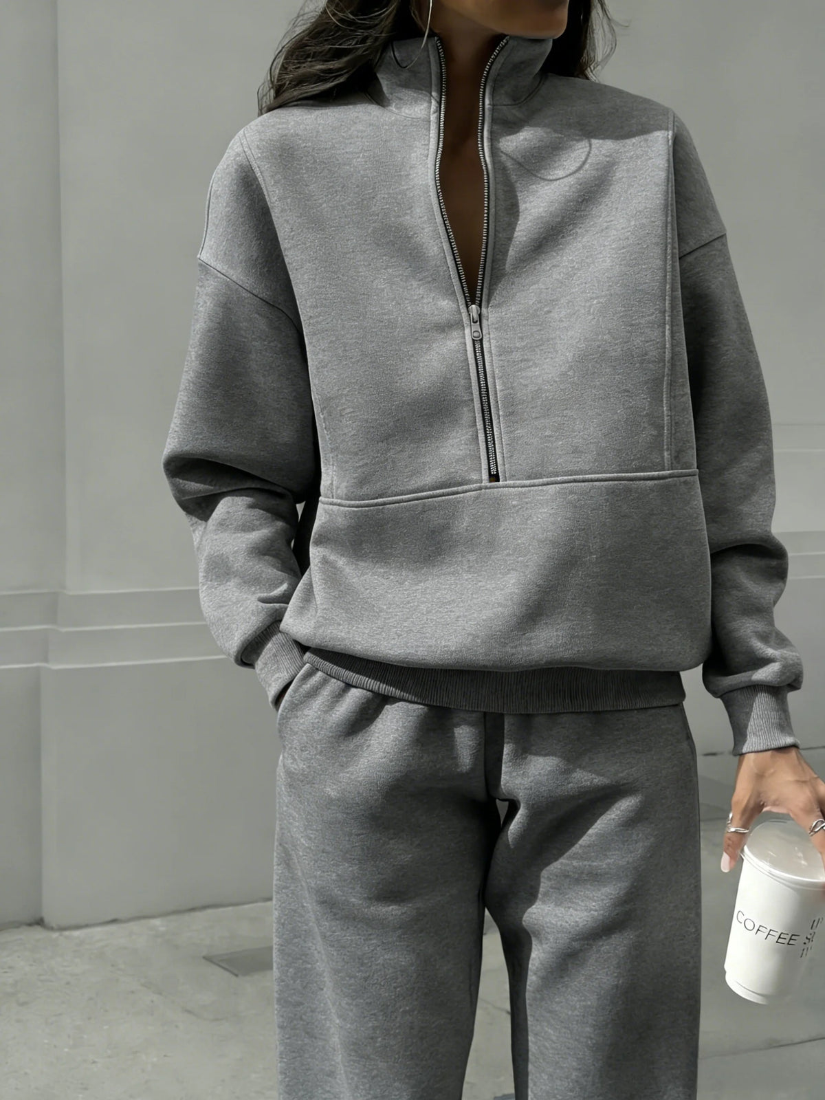 Women Half Zip 2 Piece Tracksuit Set, Stand Collar Long Sleeve Sweatshirt With Pocket & Elastic Waist Jogger Pants, Casual Loose Matching Loungewear Outfit