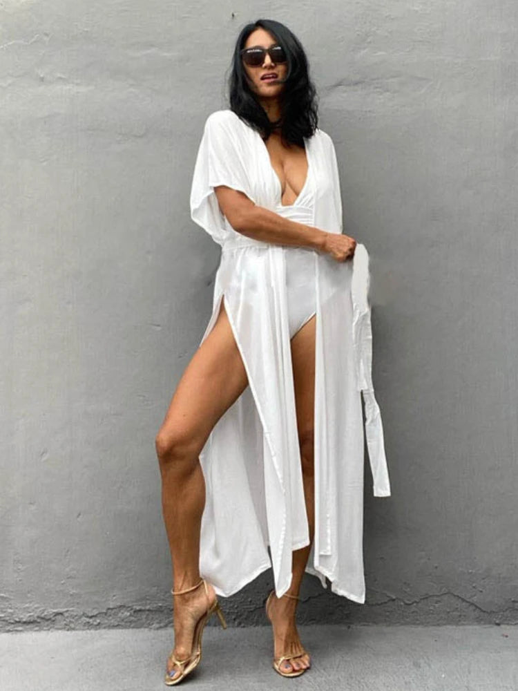 Swimsuit Cover Ups for Women Beach Cape Tunic Kimono Summer Belted Split Wrap Dresses Pareo Holiday Bathing Suits Factory Supply - Matrix Studios