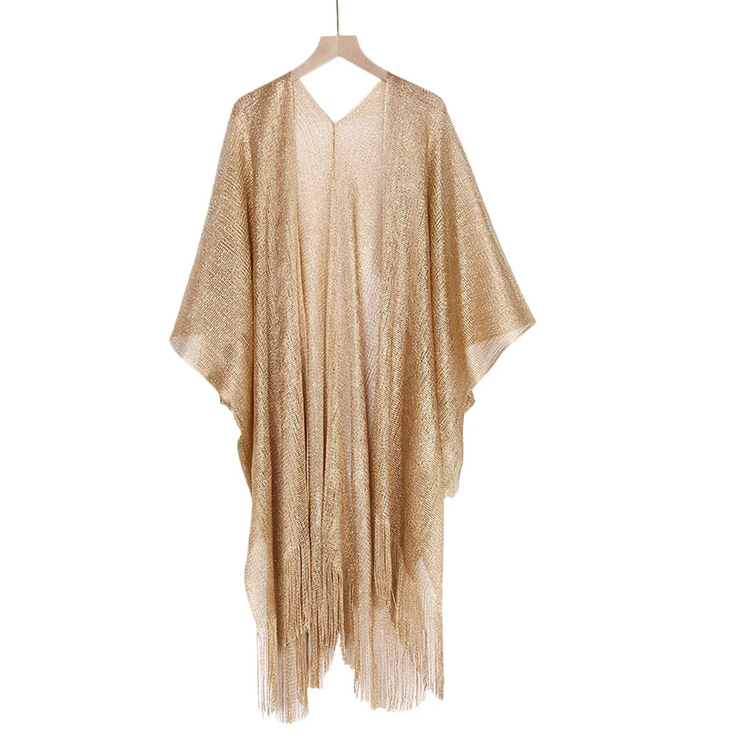 Gold Crochet Cover Up Women Sun Protective Beach Shirt Sheer Mesh Tunic with Shiny Tassel Trim Resort Wear Swimwear Cover Ups - Matrix Studios