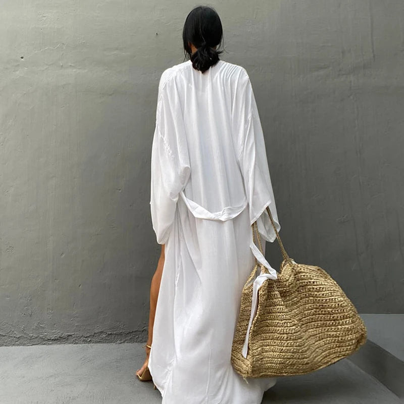Solid Beach Cover Up Women Self Belted Wrap Kimono Dress Swimsuit 2025 New Robe Summer Beachwear Factory Supply - Matrix-studios.com