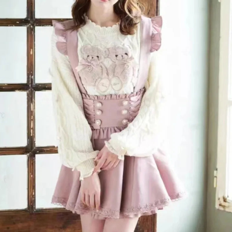Japanese Gothic Lolita Ribbon Short Suspender plaid Skirt Girls Sweet Cute Lace A-Line Mini Skirts summer2026 black solid kawaii - Matrix-studios.com